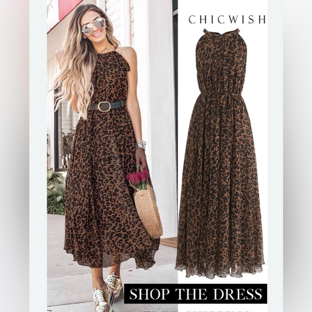 Chicwish Pleated Halter Maxi Dress in Brown and Black
